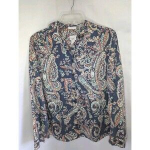 Chicos Effortlessly Beatrice Paisley Shirt Sz 2 L 12/14 No Iron Button Long Slv